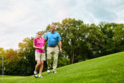 Senior couple, happy and chat at golf course with walk, laugh and bonding on vacation in summer. People, conversation and golfer with smile for story, recreation and space on holiday at country club