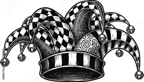 intricate black and white jester hat with patterned panels, bells, and vintage engraving