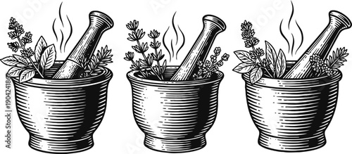 Hand drawn vintage mortar and pestle with fresh herbs and steam, natural medicine and cooking concept