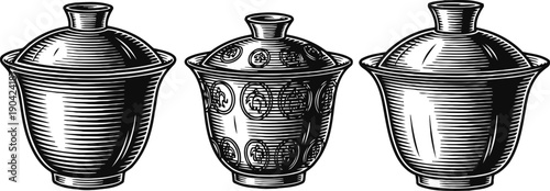 Vintage tea cup set with lids traditional asian ceramic tea cups with intricate patterns, isolated black and white illustration