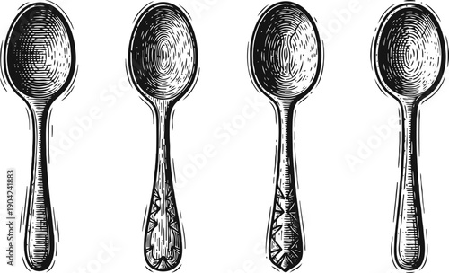 set of four vintage spoons with ornate handles hand drawn black and white kitchen utensils collection