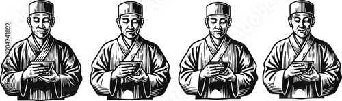 traditional japanese tea ceremony master holding tea bowl, cultural ritual illustration set