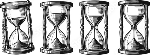 Antique hourglasses set vintage sand timers with wooden frames measuring time flowing sand