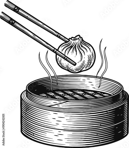 Steaming chinese dumpling held by chopsticks over bamboo steamer basket, traditional asian cuisine