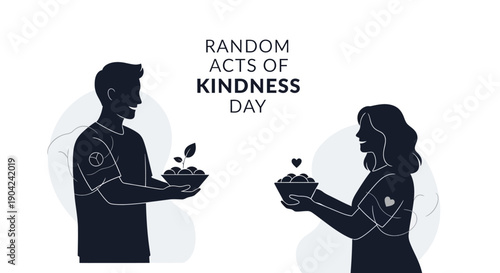 Vector illustration of a man and woman exchanging plants on Random Acts of Kindness Day with a simple, iconic style against a clean white background.