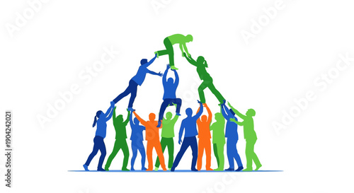 Flat lay illustration of diverse people forming a human pyramid on Random Acts of Kindness Day, conveying a sense of community and support.