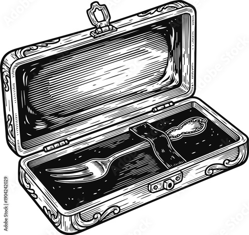 Vintage silver fork in an ornate presentation box with velvet lining, classic antique flatware design