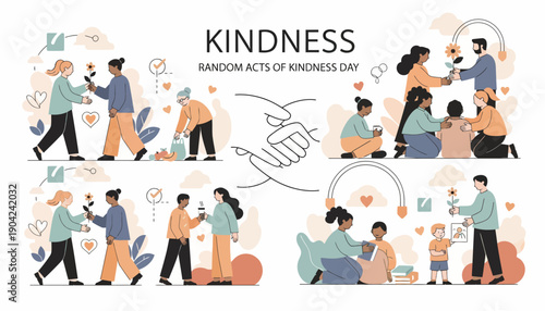 Illustration of people performing acts of kindness such as walking a friend, sending flowers, babysitting, and offering groceries, on a white background with orange and green accents.