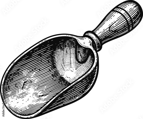 Vintage wooden scoop with textured handle, detailed black and white engraving kitchen utensil