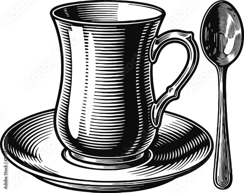 Vintage teacup and spoon illustration with matching saucer in classic engraved