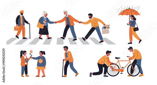 Illustrations of people performing acts of kindness in daily life, such as helping to cross the street or offering to carry groceries, in a colorful and simple vector style against a clean