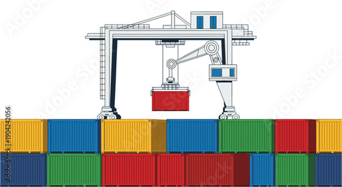 Modern gantry crane efficiently moving a vibrant red shipping container amidst a neatly stacked array of colorful cargo boxes at a busy port terminal.