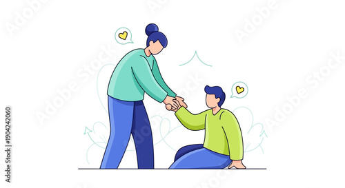 Illustration of a woman offering support to a man sitting down, conveying kindness and friendship on Random Acts of Kindness Day.