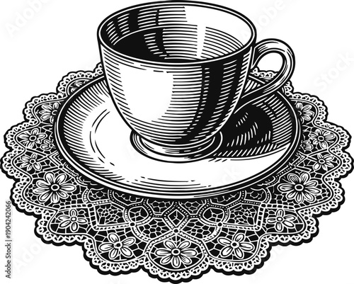 Vintage teacup and saucer on ornate lace doily, elegant hand drawn black and white illustration