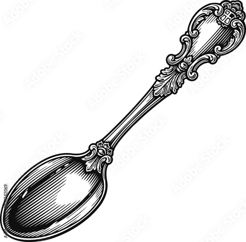Ornate vintage spoon with intricate engraved handle design, classic cutlery for elegant dining and decoration