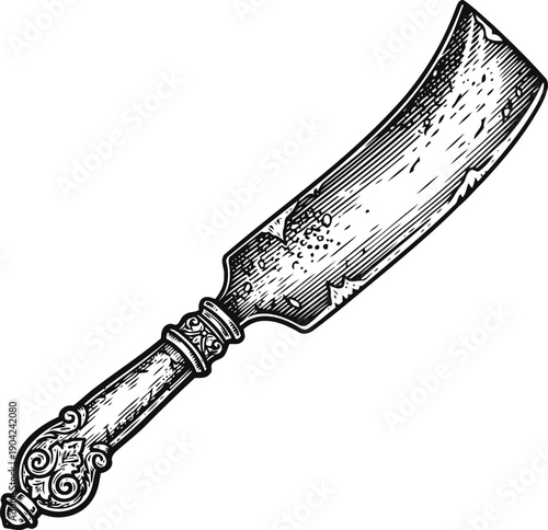 Vintage butcher knife with ornate handle, sharp blade carving meat or cutting food illustration