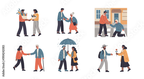 Illustrations of people performing Random Acts of Kindness, including walking together, sharing flowers, offering support, and showing care for friends and neighbors in a simple, colorful