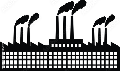 Large industrial factory silhouette with smokestacks emitting pollution, environmental impact vector illustration representing manufacturing, air pollution, and industrial activity themes