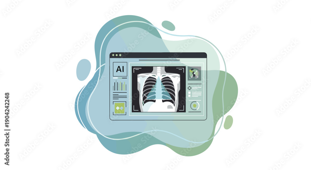 Obraz premium Artificial intelligence analyzing a human chest X-ray on a computer screen, showcasing medical diagnostics and technological advancements in healthcare.