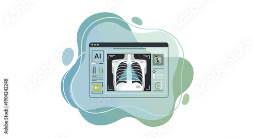 Artificial intelligence analyzing a human chest X-ray on a computer screen, showcasing medical diagnostics and technological advancements in healthcare.