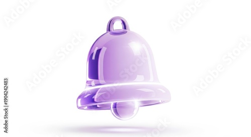 Three dimensional glossy purple notification icon floats above a white surface with subtle glow