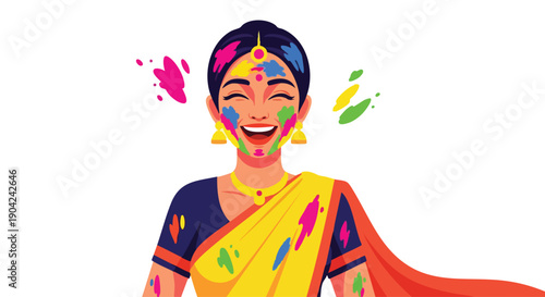 Vector illustration of a smiling woman celebrating Holi festival with colorful powder and traditional Indian attire on a white background.