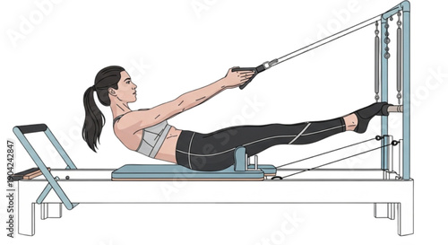 Woman doing reformer pilates exercise isolated on transparent background.