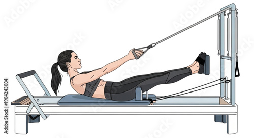 Woman doing pilates on reformer machine isolated on transparent background.