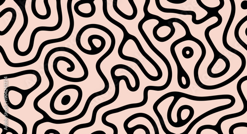 Seamless abstract black contour line pattern on beige background in organic topographic surface design style