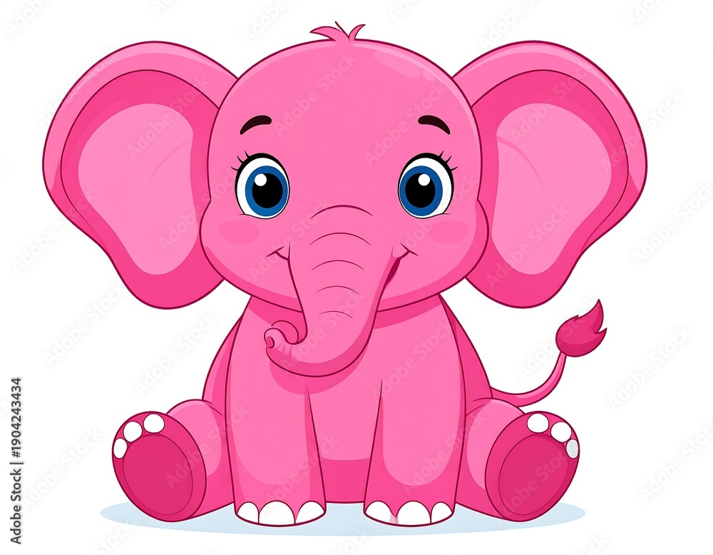 Obraz premium Adorable cartoon illustration of a seated, pink baby elephant with big blue eyes