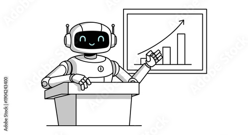 Friendly robot presenter delivering a business presentation with a rising bar graph, symbolizing growth and technological advancement.
