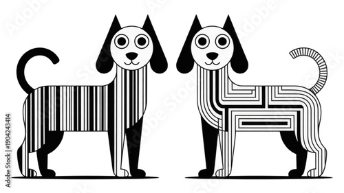 Two Black and White Patterned Dogs isolated on transparent background.