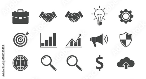 Business and business icons target handshake light bulb gear graphs megaphone shield globe magnifying glass dollar cloud with arrow business concept finance marketing communication