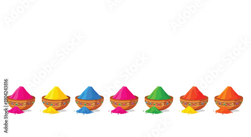 A vibrant Holi festival pattern featuring colorful powder puffs arranged in a row on a clean white background, conveying a joyful and celebratory mood.