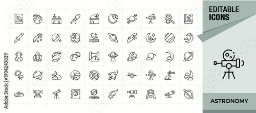 Astronomy linear icon set. Featuring cosmos, universe, planet, galaxy and more. Asteroid linear icon collection. Icons for application. Vector illustration. Pixel perfect.