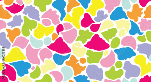 Vibrant Holi festival pattern with multicolored heart shapes on a white background, creating a lively and festive vector design.