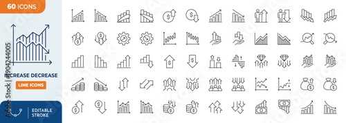 Increase and Decrease icon set. Contain icons related to Increase, decrease, graph,  charts, market trends, profit, loss, and more. Editable stroke. Vector illustration
