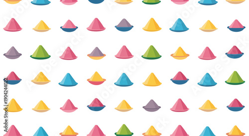 Vibrant Holi festival pattern with multicolored triangular shapes arranged in rows on a white background, creating a lively and festive visual effect.