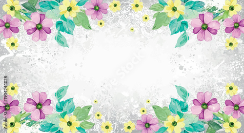 Soft watercolor floral frame background with pastel flowers and leaves surrounding a clean white center
