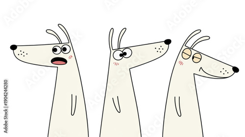 Three cartoon dogs with funny faces isolated on transparent background.