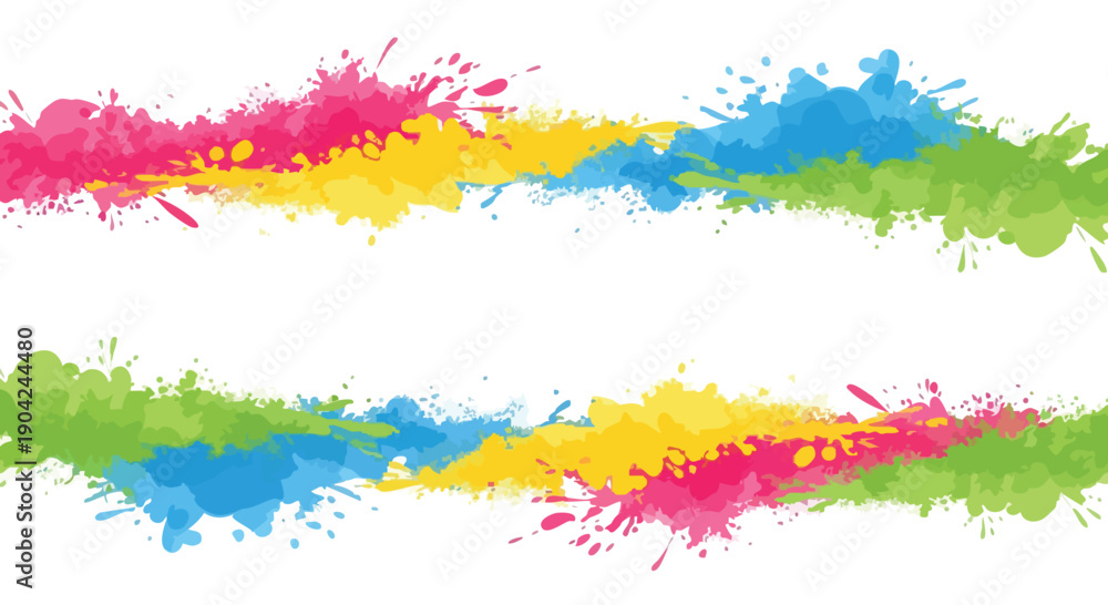 Fototapeta premium Colorful Holi festival pattern with pink, blue, yellow, and green paint splatters on a white background, creating a vibrant and festive vector design element.