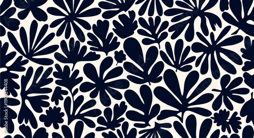 Seamless modern floral pattern with bold navy blue botanical shapes on soft neutral background