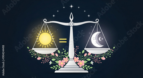 Balance scale with sun and moon representing day and night equilibrium surrounded by floral elements and stars vector illustration for concepts of time and nature