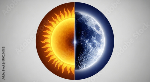Split circle showing sun and moon representing day and night ideal for concepts of time astronomy and balance