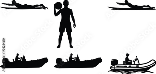 Surfer on surfboard and man with ball silhouette