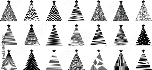 Abstract Christmas Tree Icon Set with Minimal Geometric, Hand Drawn, and Patterned Holiday Tree Shapes for Modern Winter, Festive, and Seasonal Design Projects