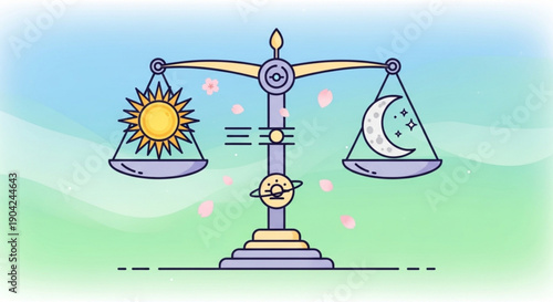 Balance scale comparing sun and moon representing day and night cycle concept of equilibrium and time flat vector illustration
