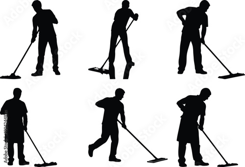 Silhouette of man mopping floor in various poses