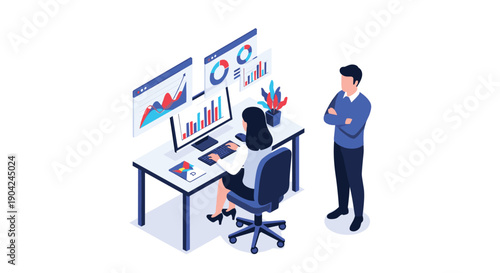 Financial analyst monitoring market trends on multiple digital displays while supervisor observes progress in corporate office.