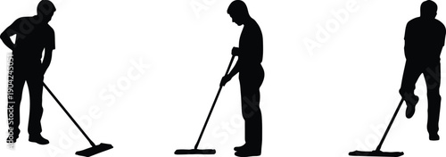 Professional male cleaners mopping floors, performing essential tasks.